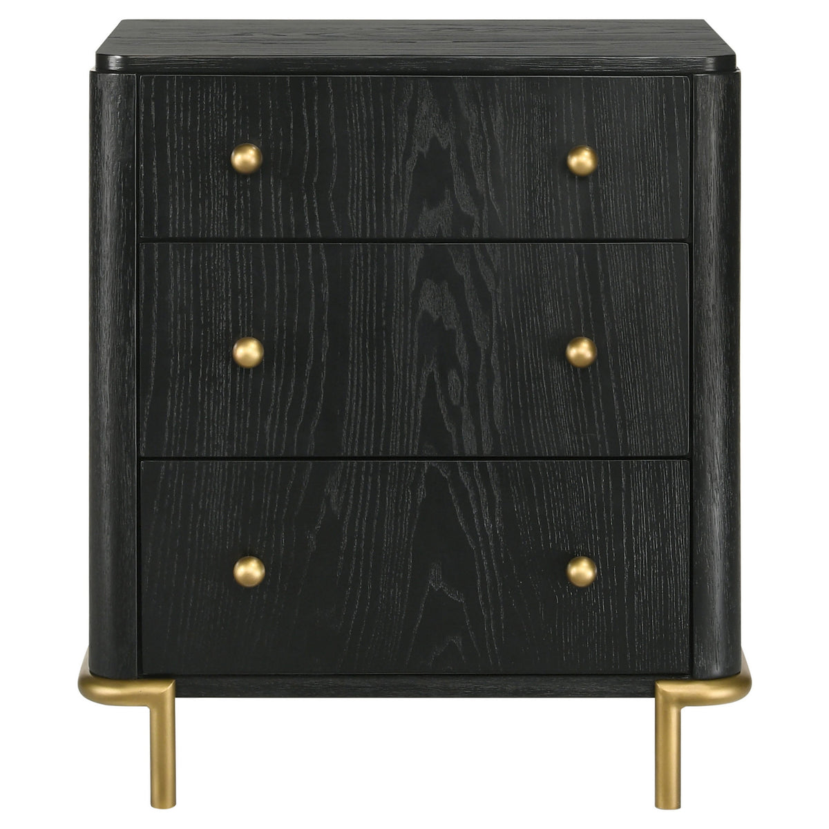 Fij Nightstand, 3 Drawers, USB Port, Golden Metal Legs, Knobs, Black Wood  - BM318876
