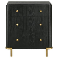 Fij Nightstand, 3 Drawers, USB Port, Golden Metal Legs, Knobs, Black Wood  - BM318876
