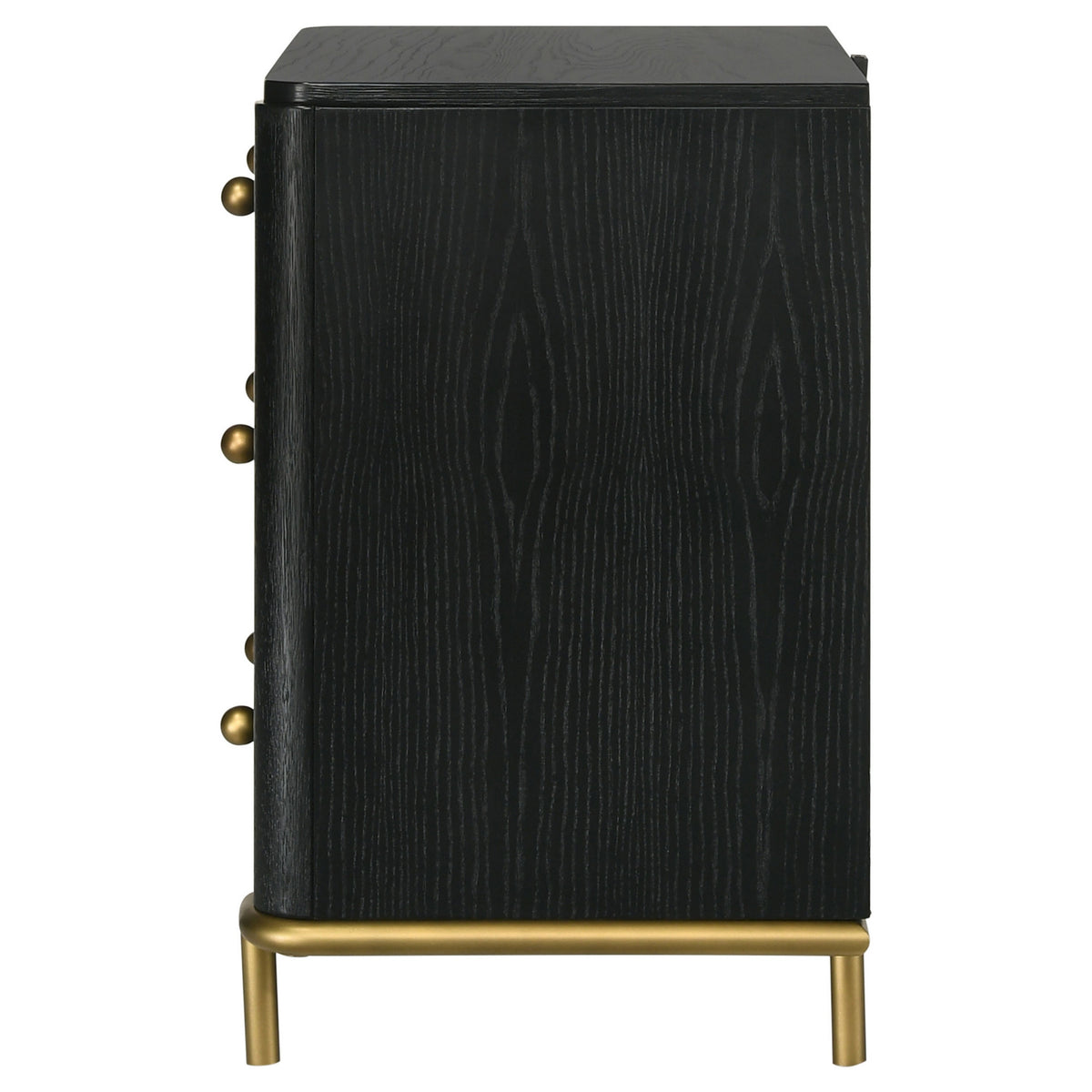 Fij Nightstand, 3 Drawers, USB Port, Golden Metal Legs, Knobs, Black Wood  - BM318876