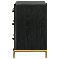 Fij Nightstand, 3 Drawers, USB Port, Golden Metal Legs, Knobs, Black Wood  - BM318876