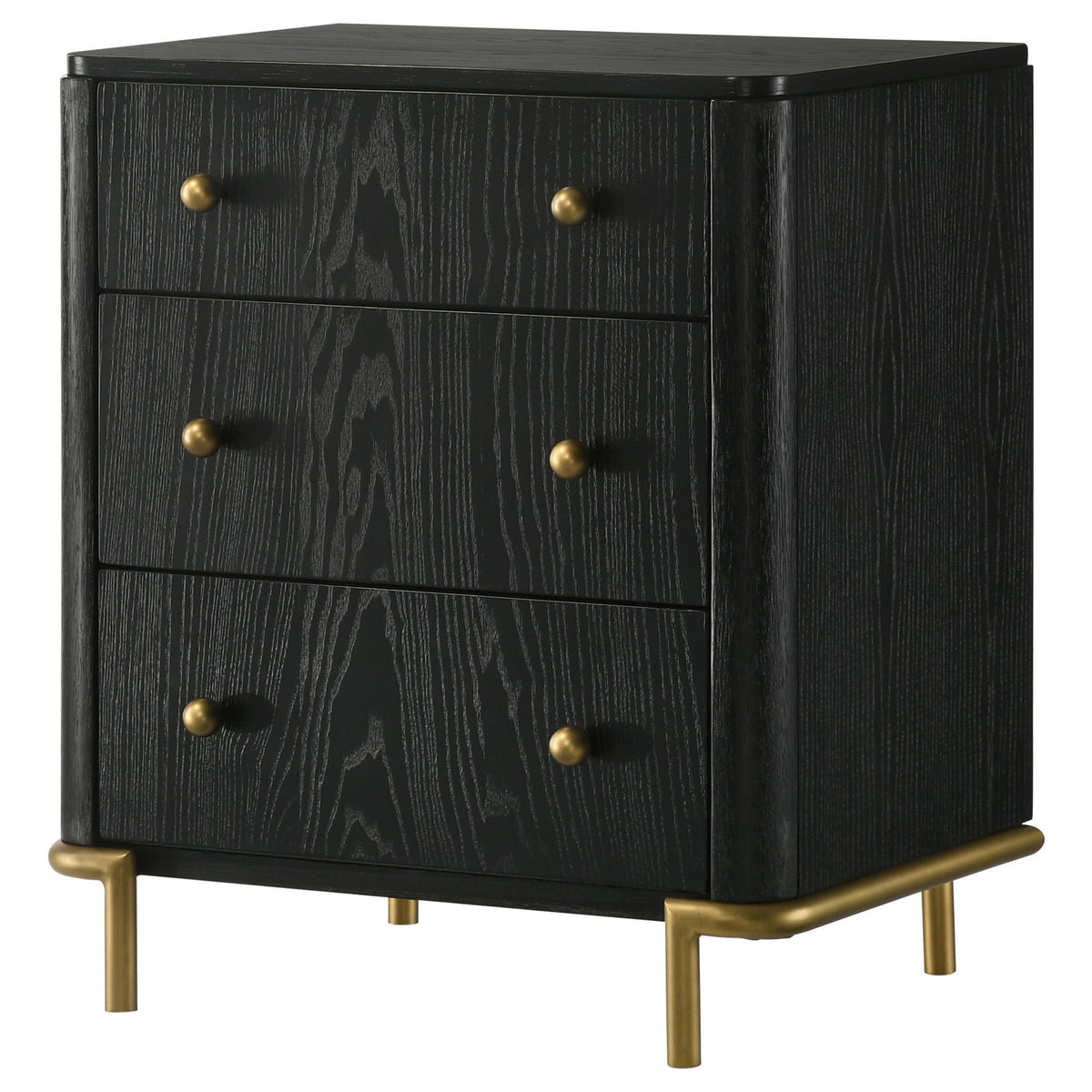 Fij Nightstand, 3 Drawers, USB Port, Golden Metal Legs, Knobs, Black Wood  - BM318876
