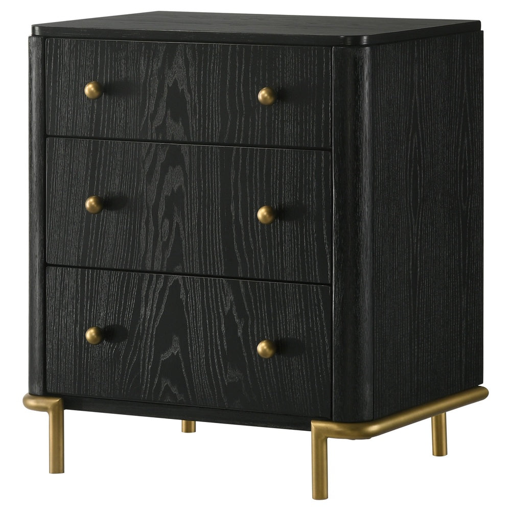 Fij Nightstand, 3 Drawers, USB Port, Golden Metal Legs, Knobs, Black Wood  - BM318876