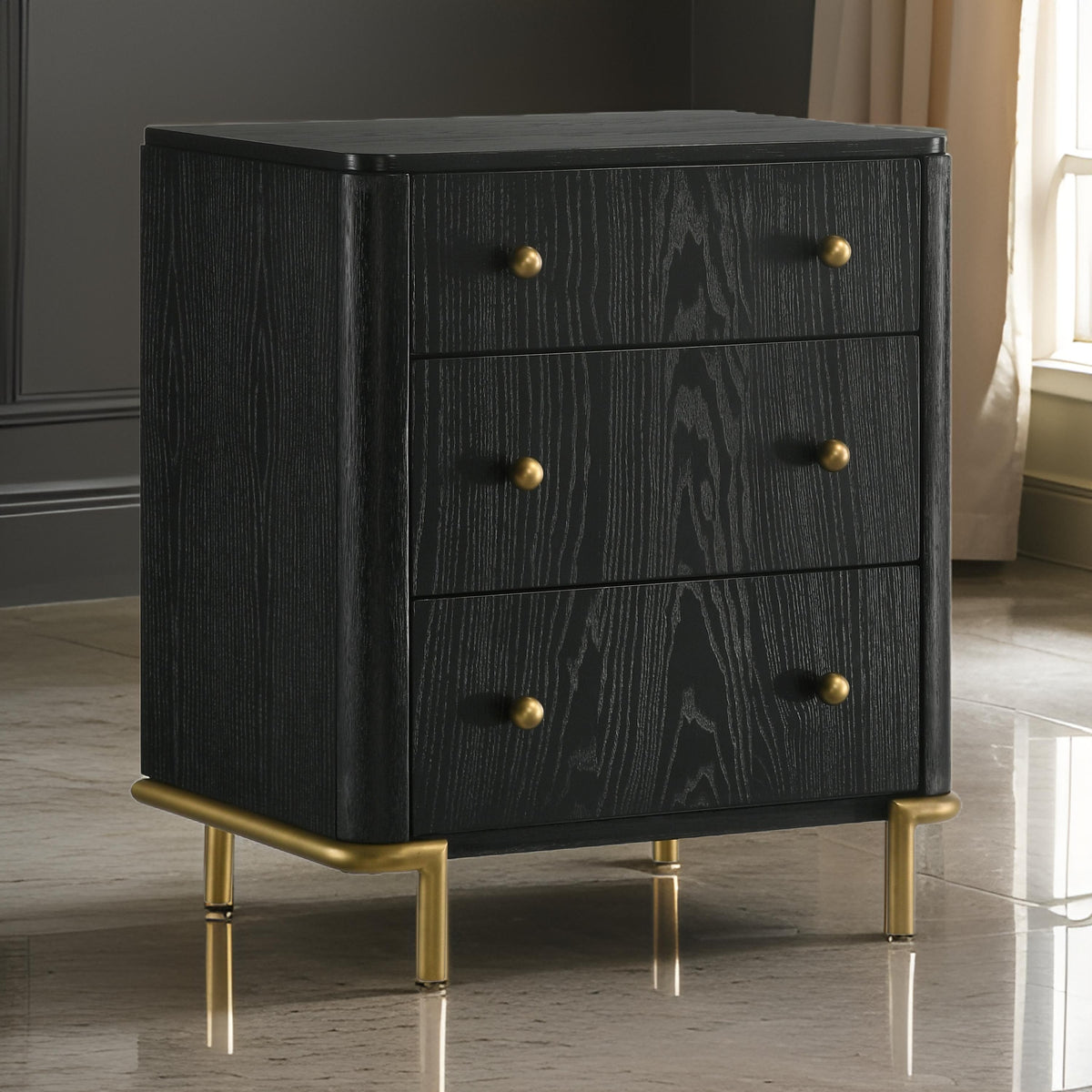 Fij Nightstand, 3 Drawers, USB Port, Golden Metal Legs, Knobs, Black Wood  - BM318876