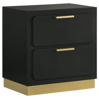 Caer Nightstand, 2 Drawers, Gold Accent Recessed Base, Bar Handles, Black  - BM318890