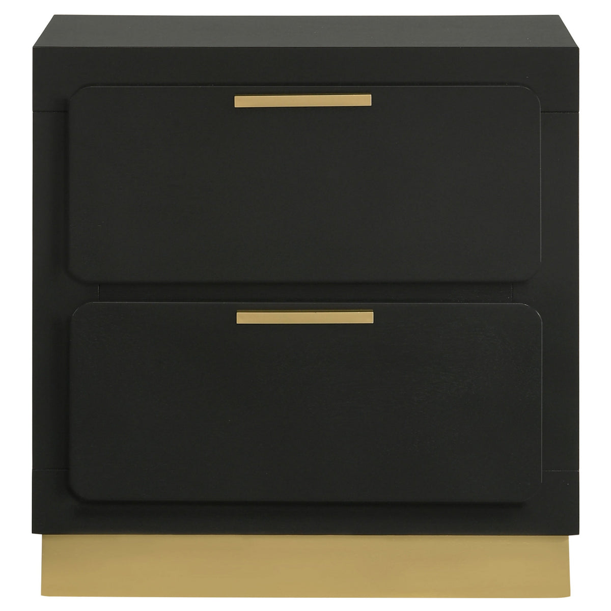 Caer Nightstand, 2 Drawers, Gold Accent Recessed Base, Bar Handles, Black  - BM318890