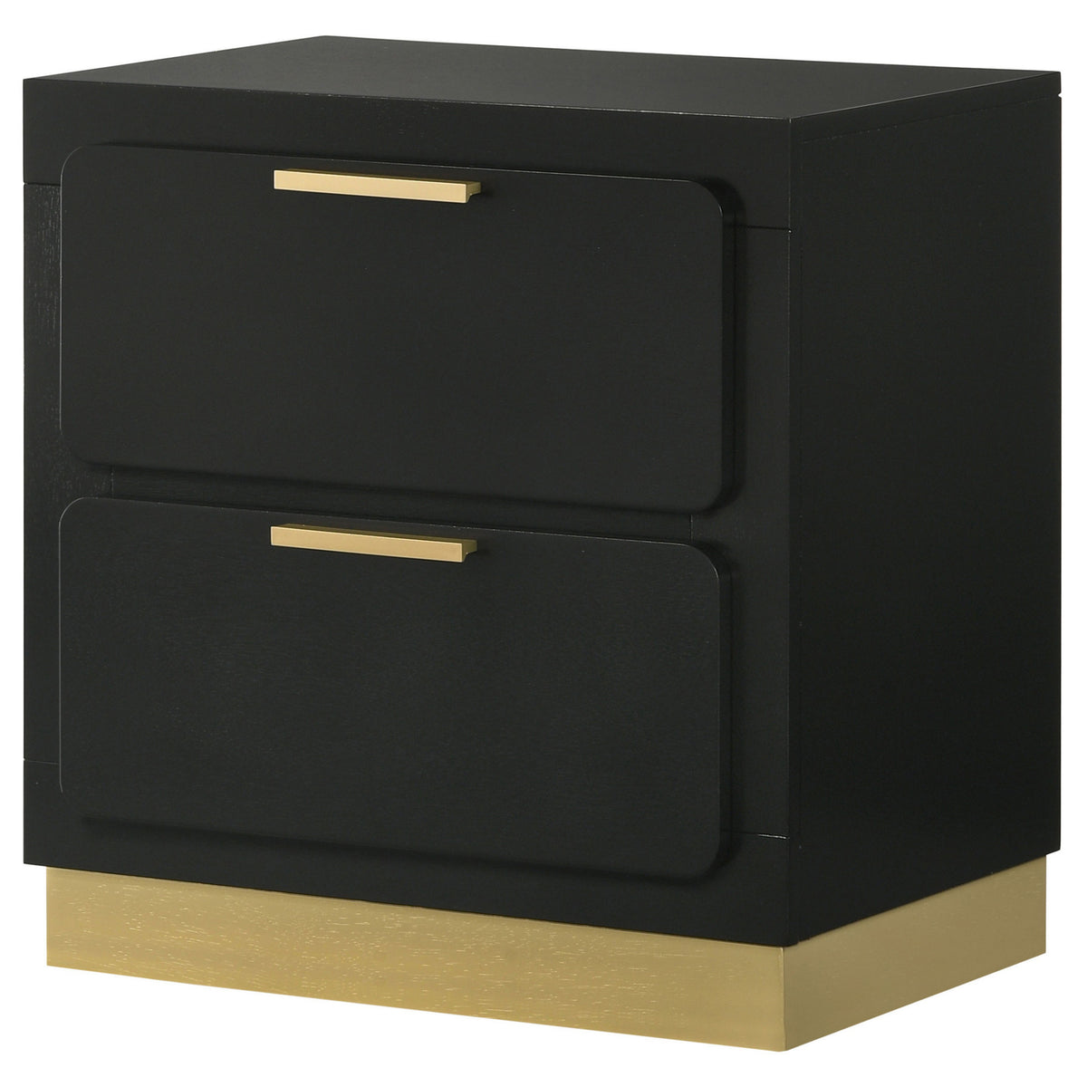 Caer Nightstand, 2 Drawers, Gold Accent Recessed Base, Bar Handles, Black  - BM318890