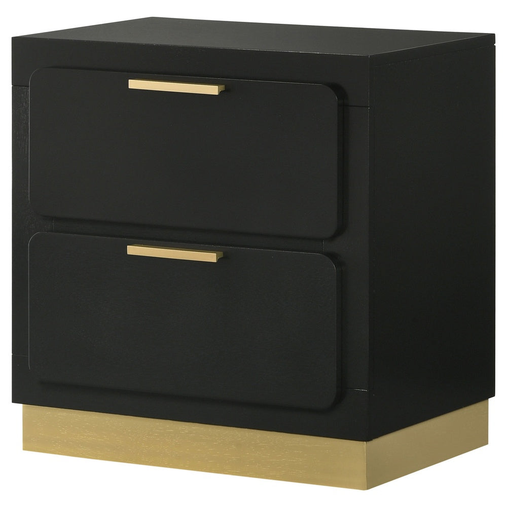 Caer Nightstand, 2 Drawers, Gold Accent Recessed Base, Bar Handles, Black  - BM318890