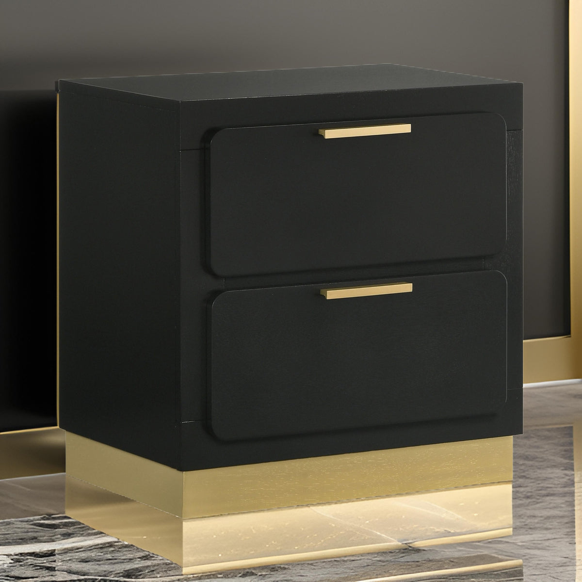 Caer Nightstand, 2 Drawers, Gold Accent Recessed Base, Bar Handles, Black  - BM318890
