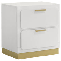 Caer Nightstand, 2 Drawers, Gold Accent Recessed Base, Bar Handles, White  - BM318893