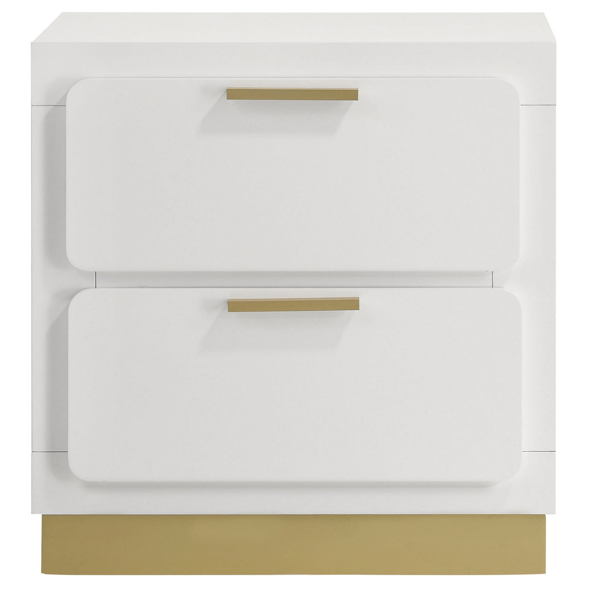 Caer Nightstand, 2 Drawers, Gold Accent Recessed Base, Bar Handles, White  - BM318893