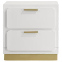 Caer Nightstand, 2 Drawers, Gold Accent Recessed Base, Bar Handles, White  - BM318893
