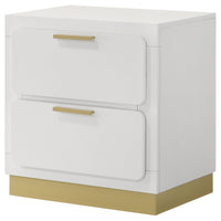 Caer Nightstand, 2 Drawers, Gold Accent Recessed Base, Bar Handles, White  - BM318893