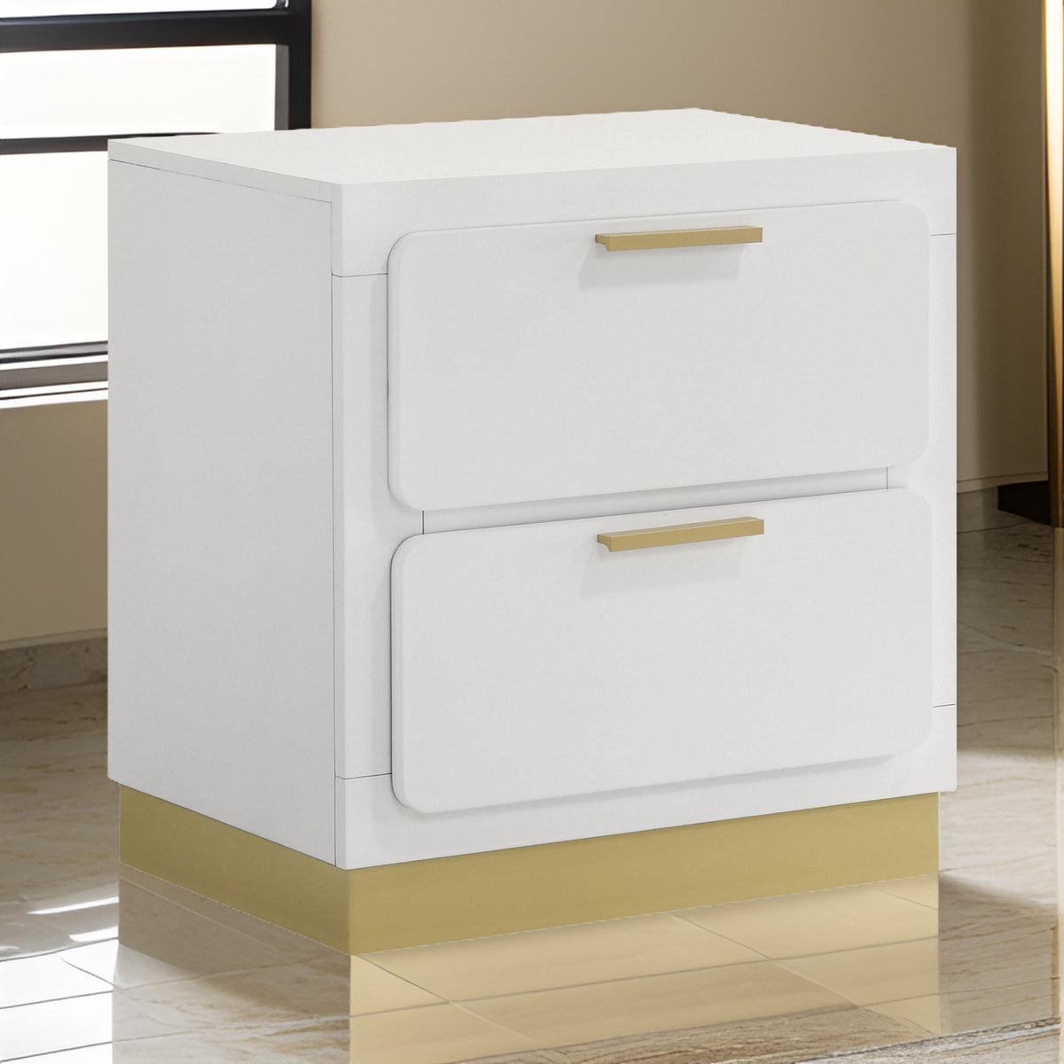 Caer Nightstand, 2 Drawers, Gold Accent Recessed Base, Bar Handles, White  - BM318893