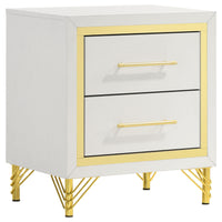 Jenny Nightstand, 2 Drawers, Hairpin Style Legs in Gold, Bar Handles, White  - BM318896