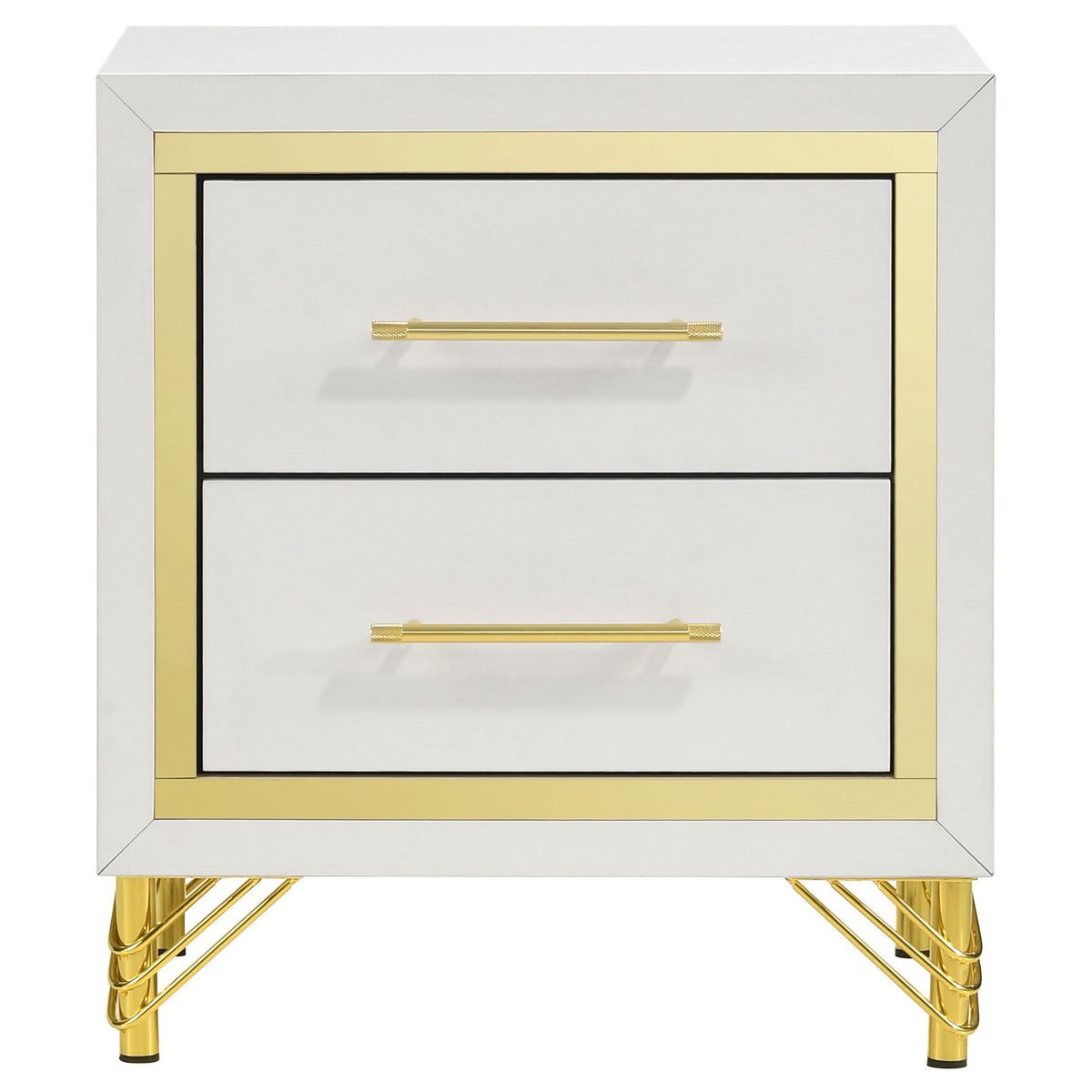Jenny Nightstand, 2 Drawers, Hairpin Style Legs in Gold, Bar Handles, White  - BM318896