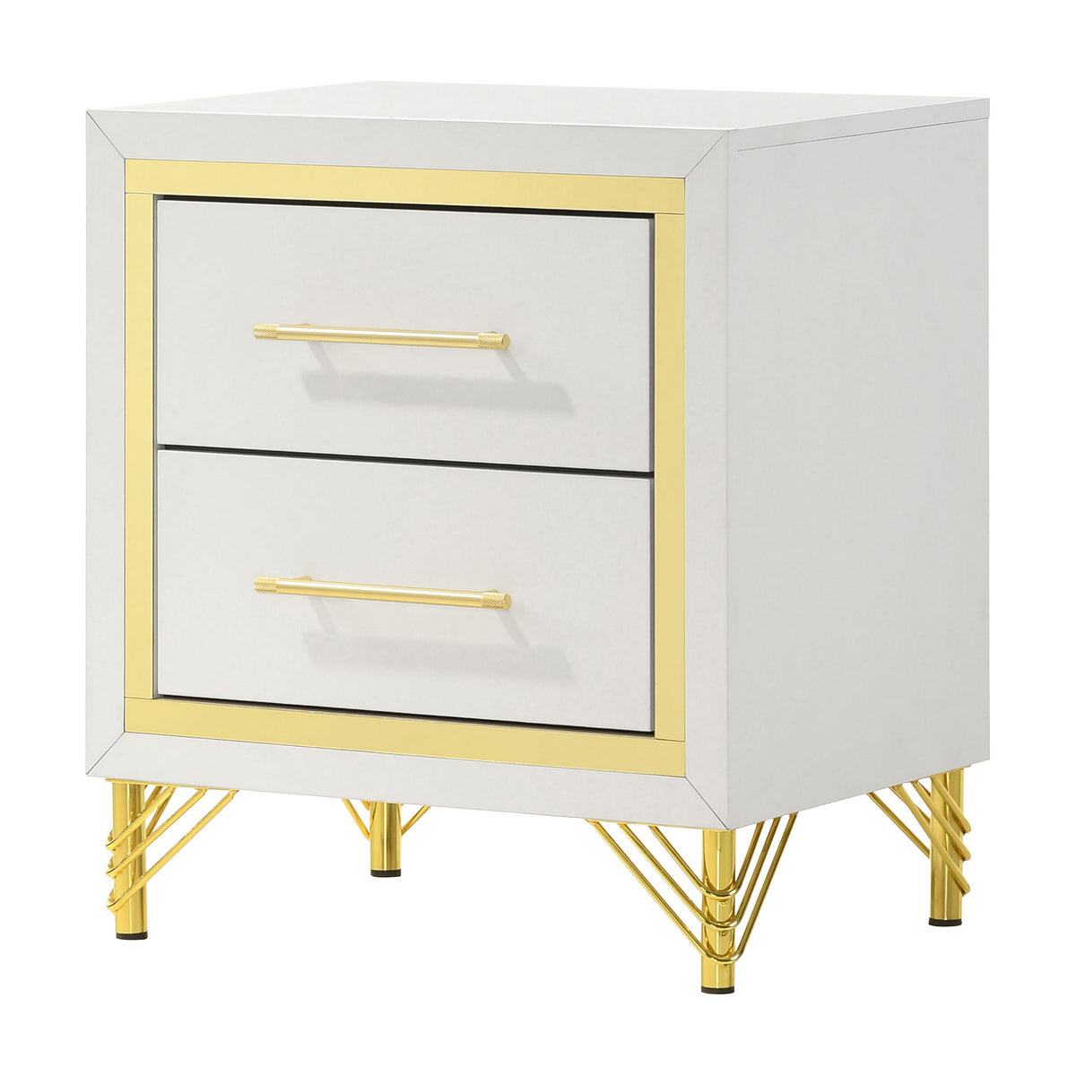 Jenny Nightstand, 2 Drawers, Hairpin Style Legs in Gold, Bar Handles, White  - BM318896