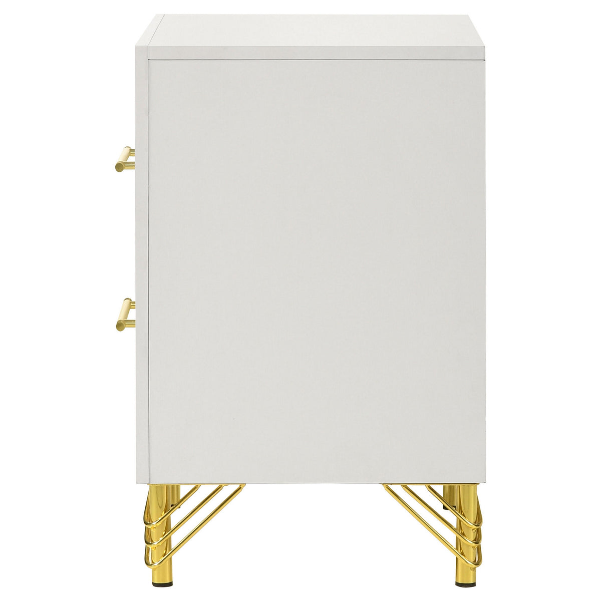 Jenny Nightstand, 2 Drawers, Hairpin Style Legs in Gold, Bar Handles, White  - BM318896