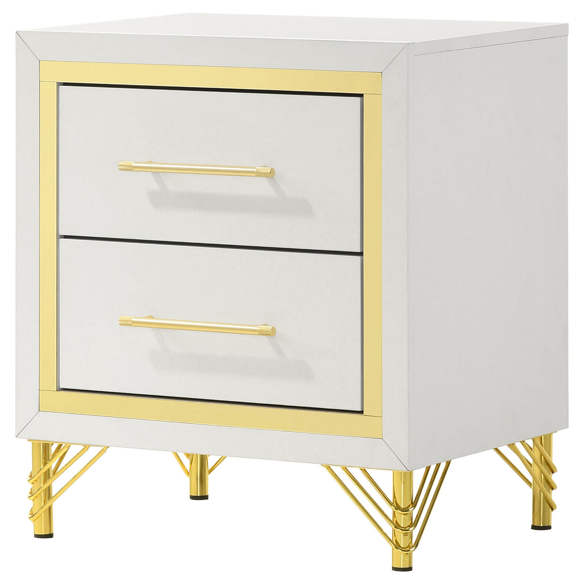 Jenny Nightstand, 2 Drawers, Hairpin Style Legs in Gold, Bar Handles, White  - BM318896