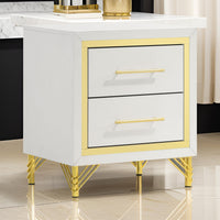 Jenny Nightstand, 2 Drawers, Hairpin Style Legs in Gold, Bar Handles, White  - BM318896