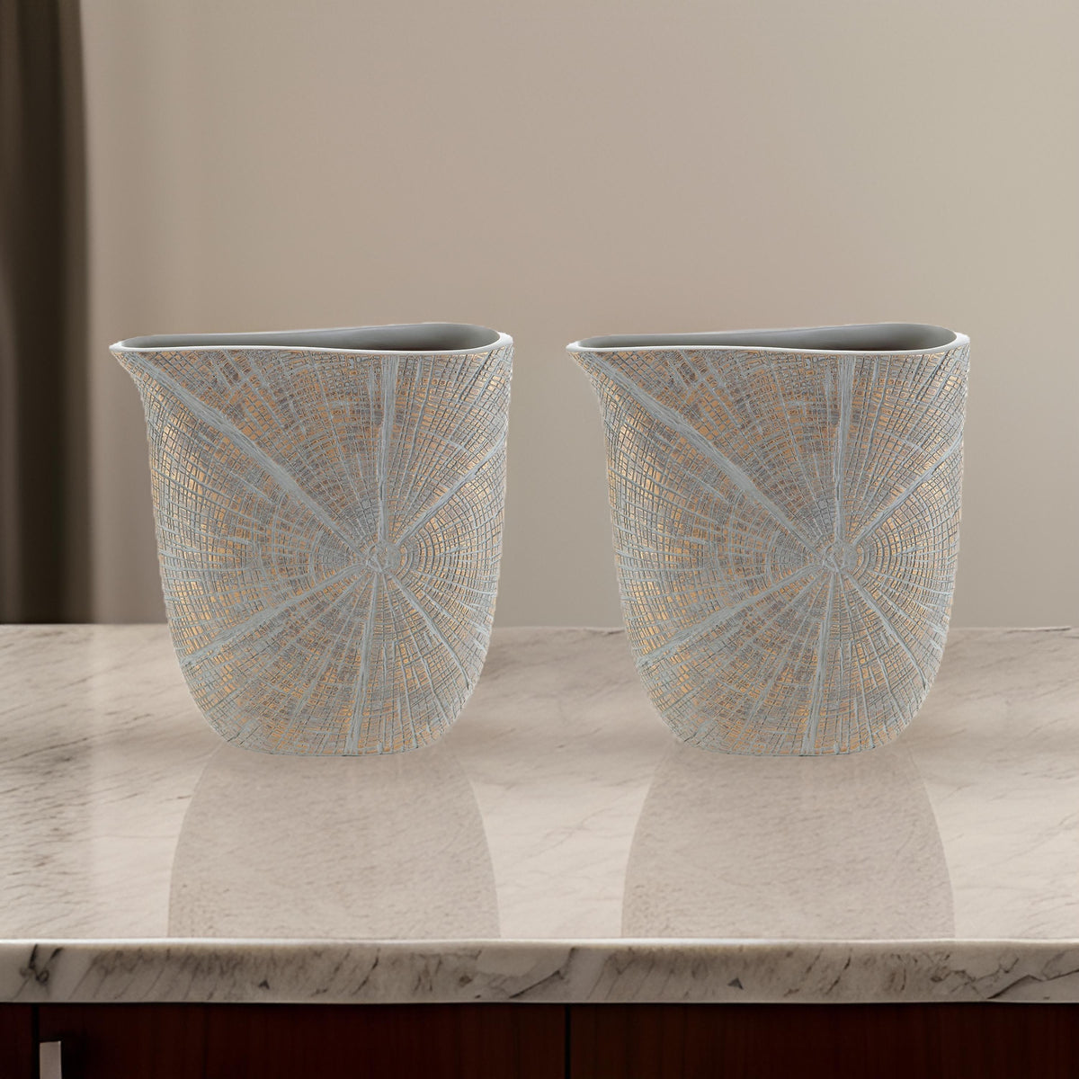 Denver Vase Set of 2, 11 Inch, Starburst Pattern, Antique Gold Polyresin  - BM318927