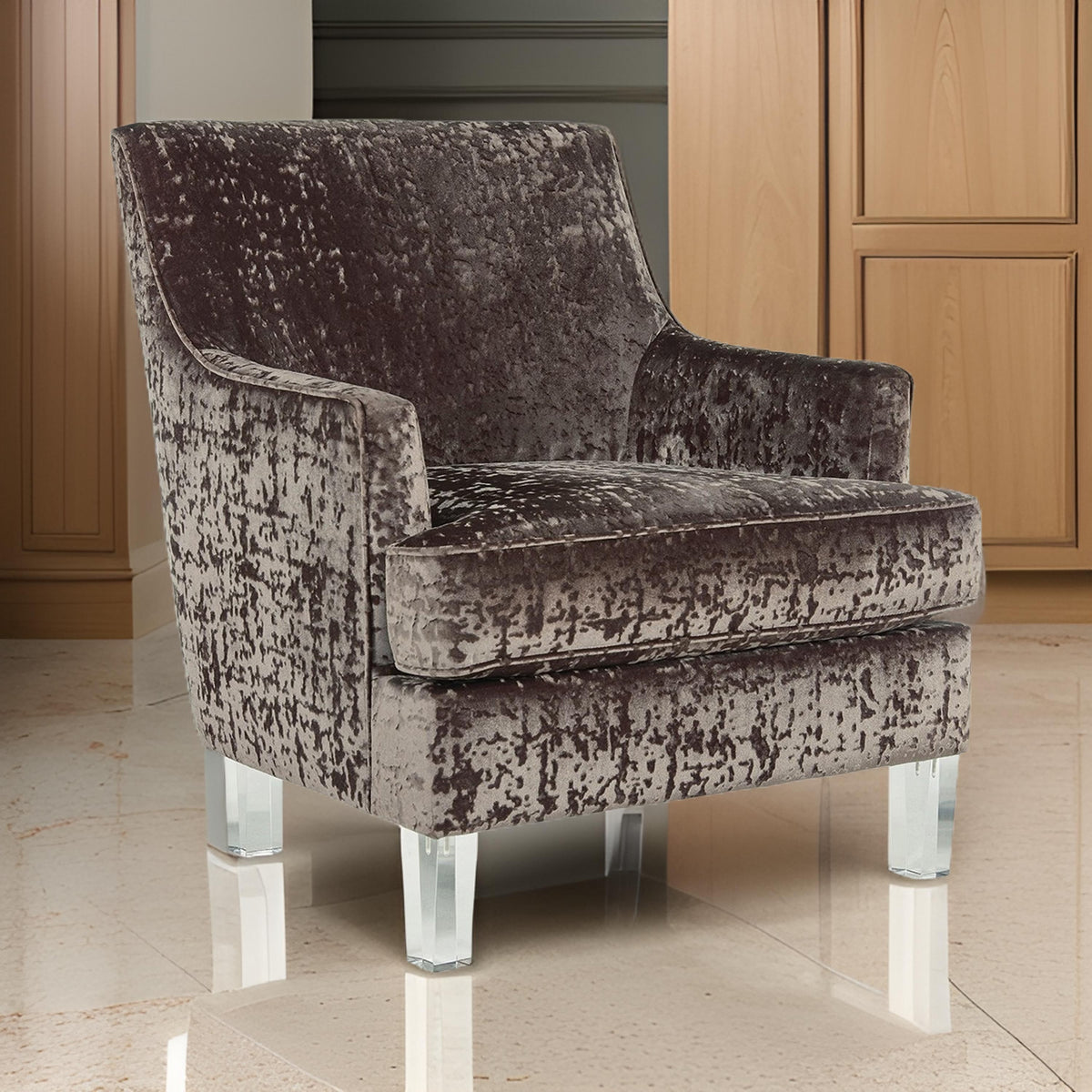 Gloria Accent Chair, Charcoal Brown Polyester Crushed Velvet, Clear Acrylic  - BM318941