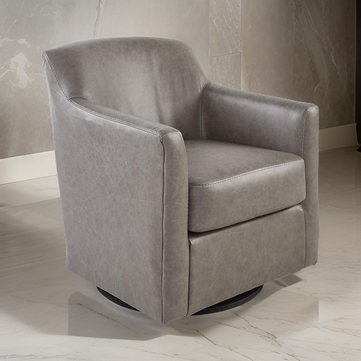Leena Swivel Accent Chair, Plush Gray Genuine and Faux Leather, Black Metal  - BM318956