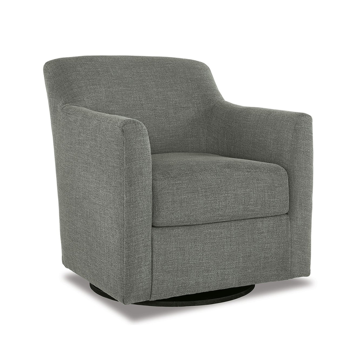 Leena Swivel Accent Chair, Gray Polyester, Shelter Style Arms, Black Wood  - BM318957