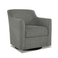 Leena Swivel Accent Chair, Gray Polyester, Shelter Style Arms, Black Wood  - BM318957