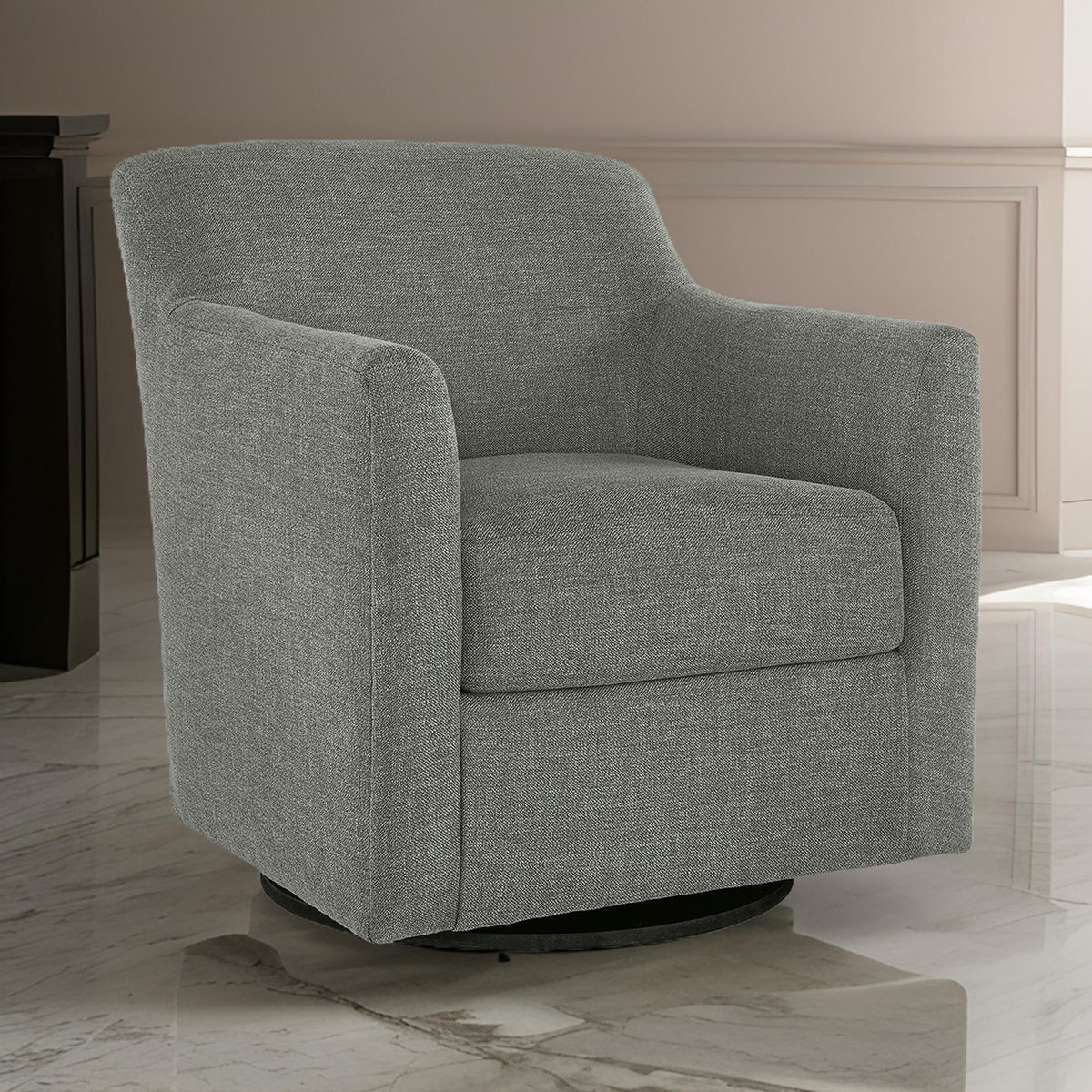 Leena Swivel Accent Chair, Gray Polyester, Shelter Style Arms, Black Wood  - BM318957