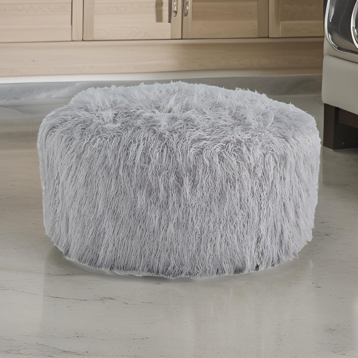 Lacey Oversized Accent Ottoman, Light Gray Faux Fur, Soft Cushion, 39 Inch  - BM318959