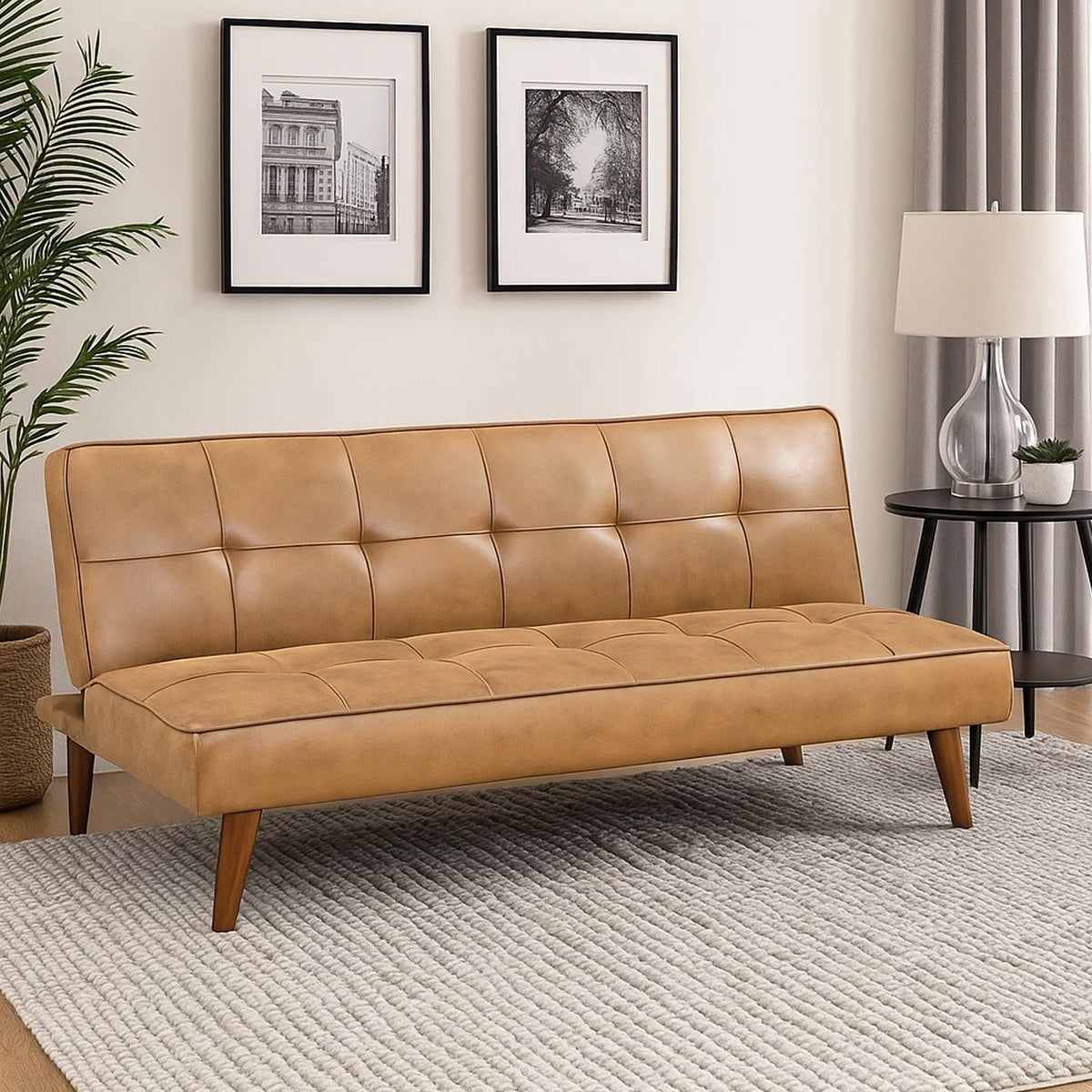 Sena Futon Convertible Sofa Bed Sleeper Couch, Light Brown Faux Leather  - BM318970