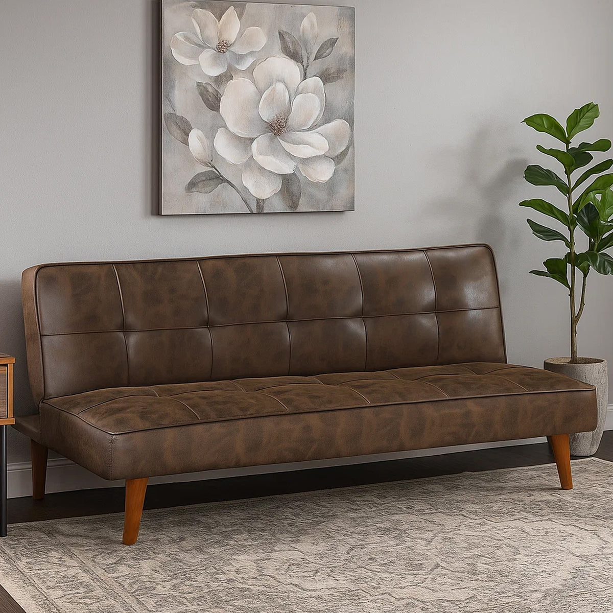 Sena Futon Convertible Sofa Bed Sleeper Couch, Dark Brown Faux Leather  - BM318971