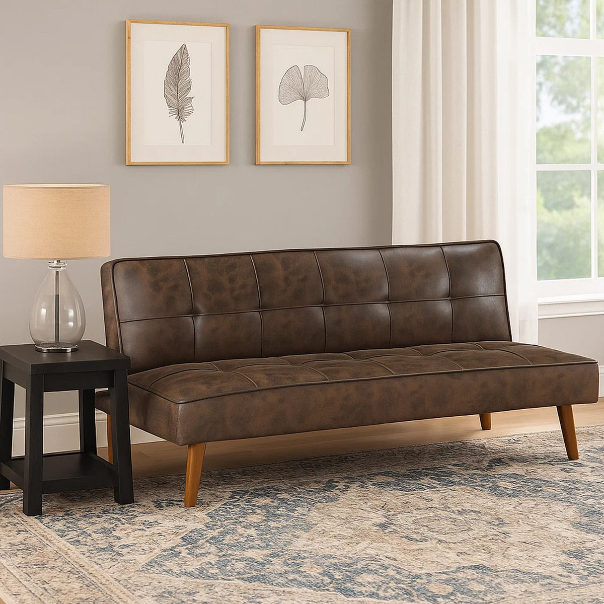 Sena Futon Convertible Sofa Bed Sleeper Couch, Dark Brown Faux Leather  - BM318971