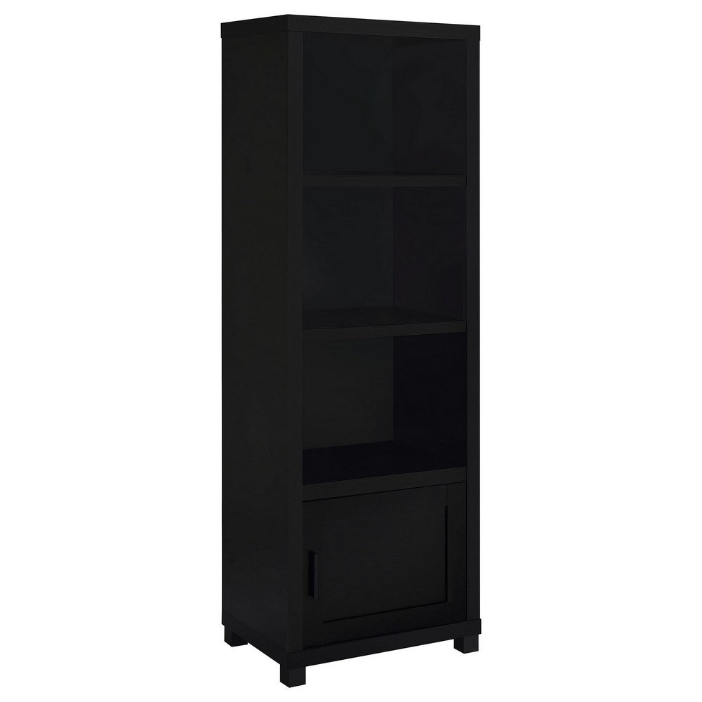 Janice Media Tower Bookcase, 3 Shelves, 1 Storage Cabinet,  Black Finish - BM318976