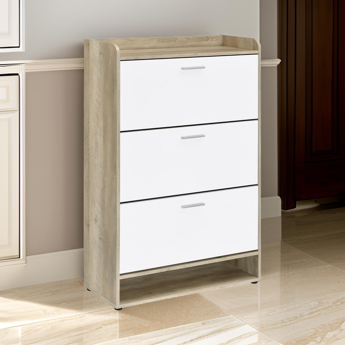 Danny Shoe Storage Cabinet, 3 Tiered, Bottom Shelf, Antiqued White Pine  - BM318982
