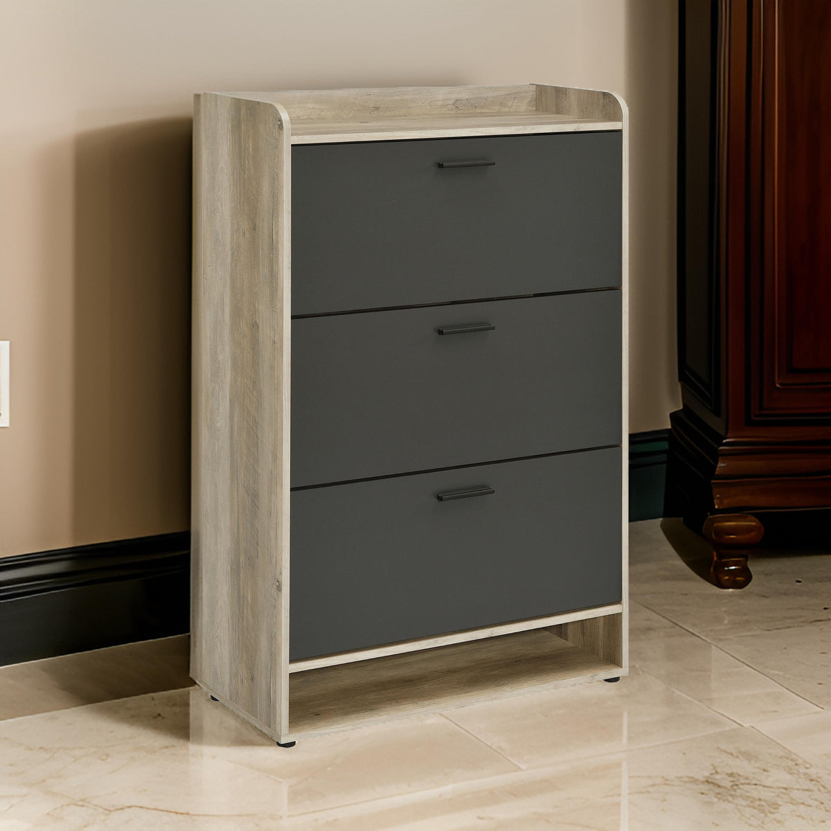 Danny Shoe Storage Cabinet, 3 Tiered, Bottom Shelf, Antiqued Gray Pine  - BM318983