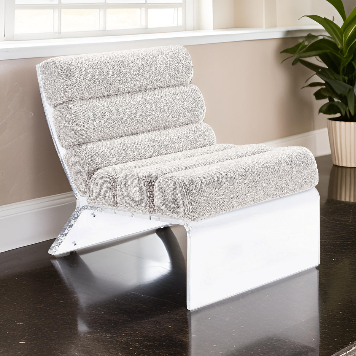 Reta Armless Accent Chair, Modern Ivory Boucle Channel Tuft, Clear Acrylic  - BM318992