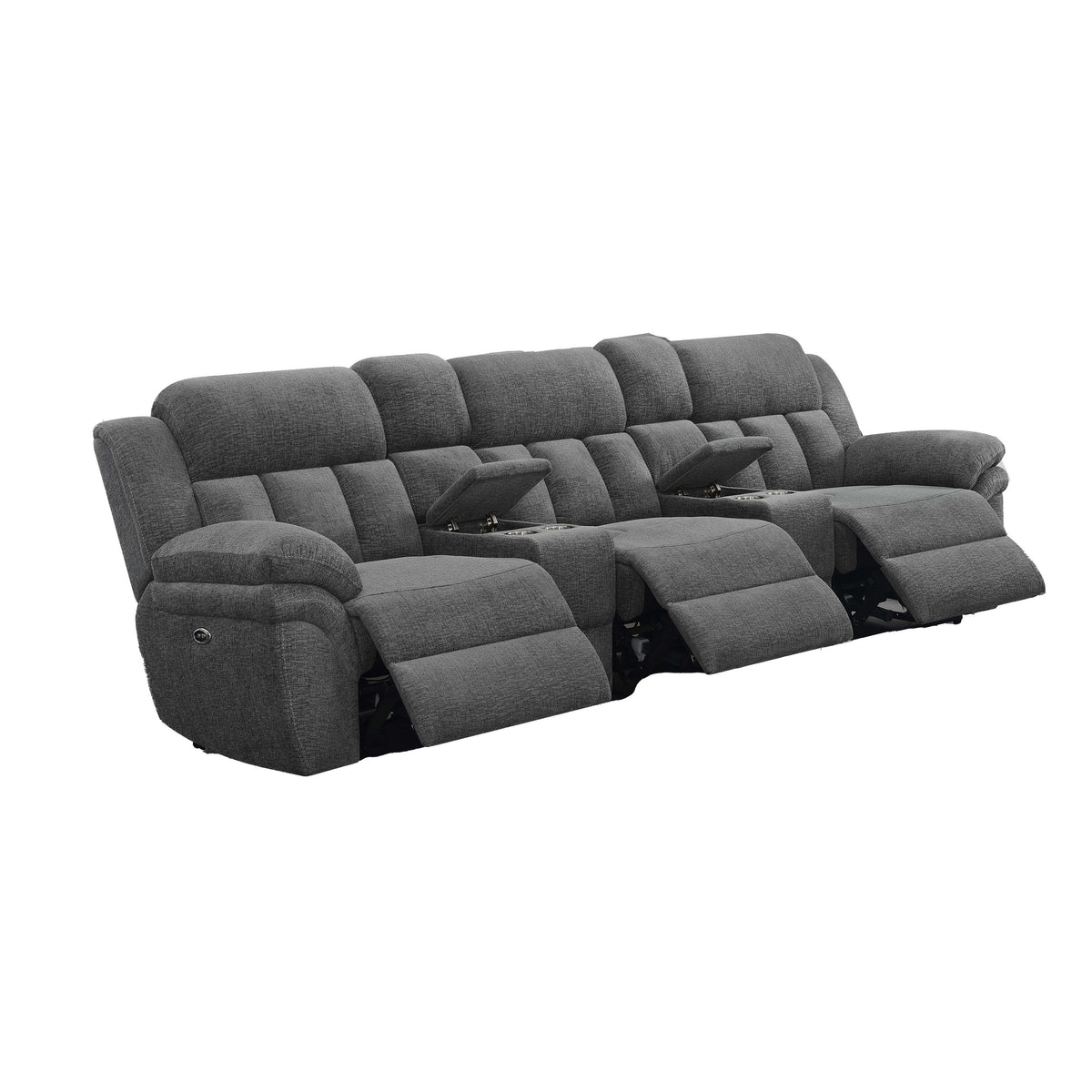Jak Power Recliner Sofa, 2 Consoles, Cushioned Tufted Seats, Charcoal Gray