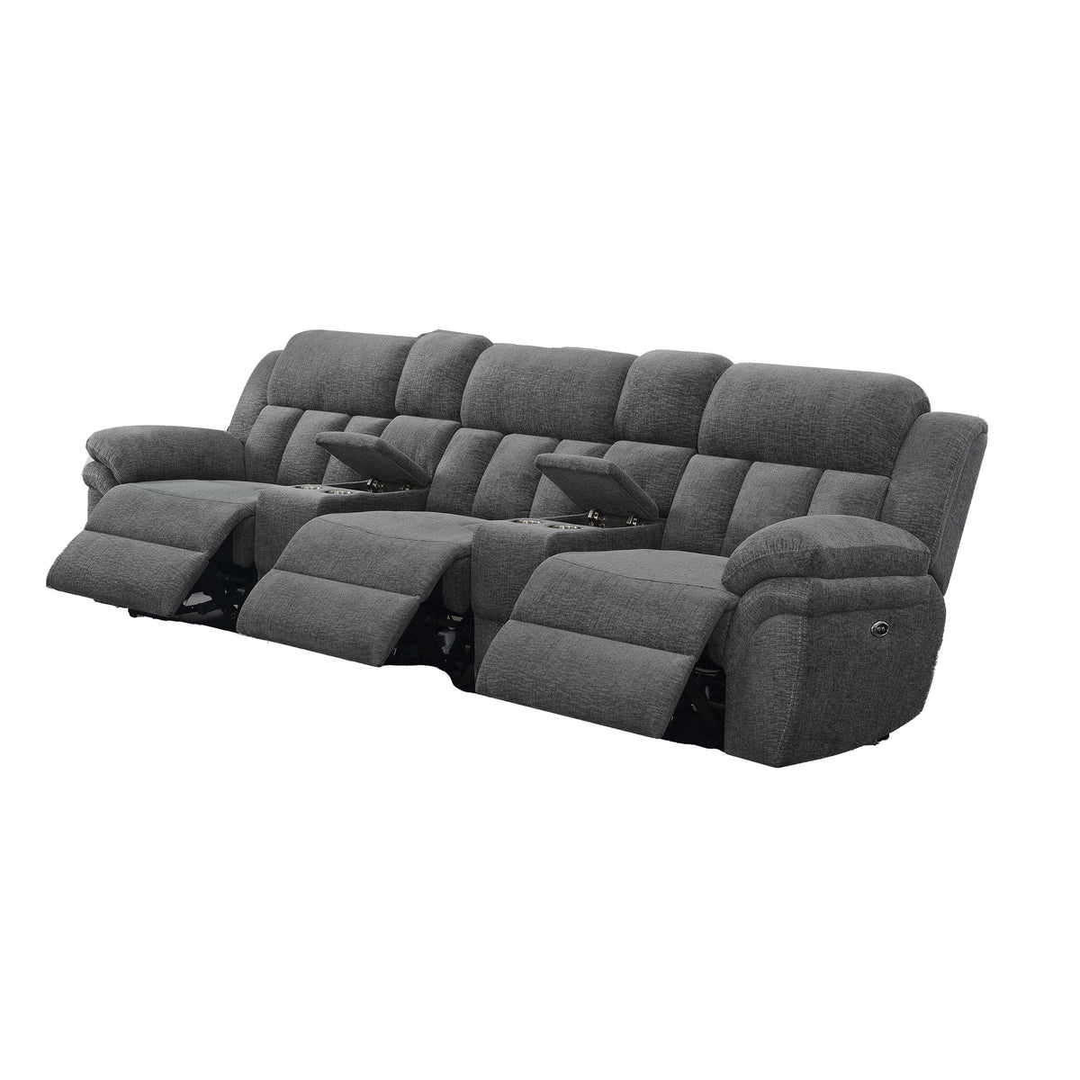 Jak Power Recliner Sofa, 2 Consoles, Cushioned Tufted Seats, Charcoal Gray