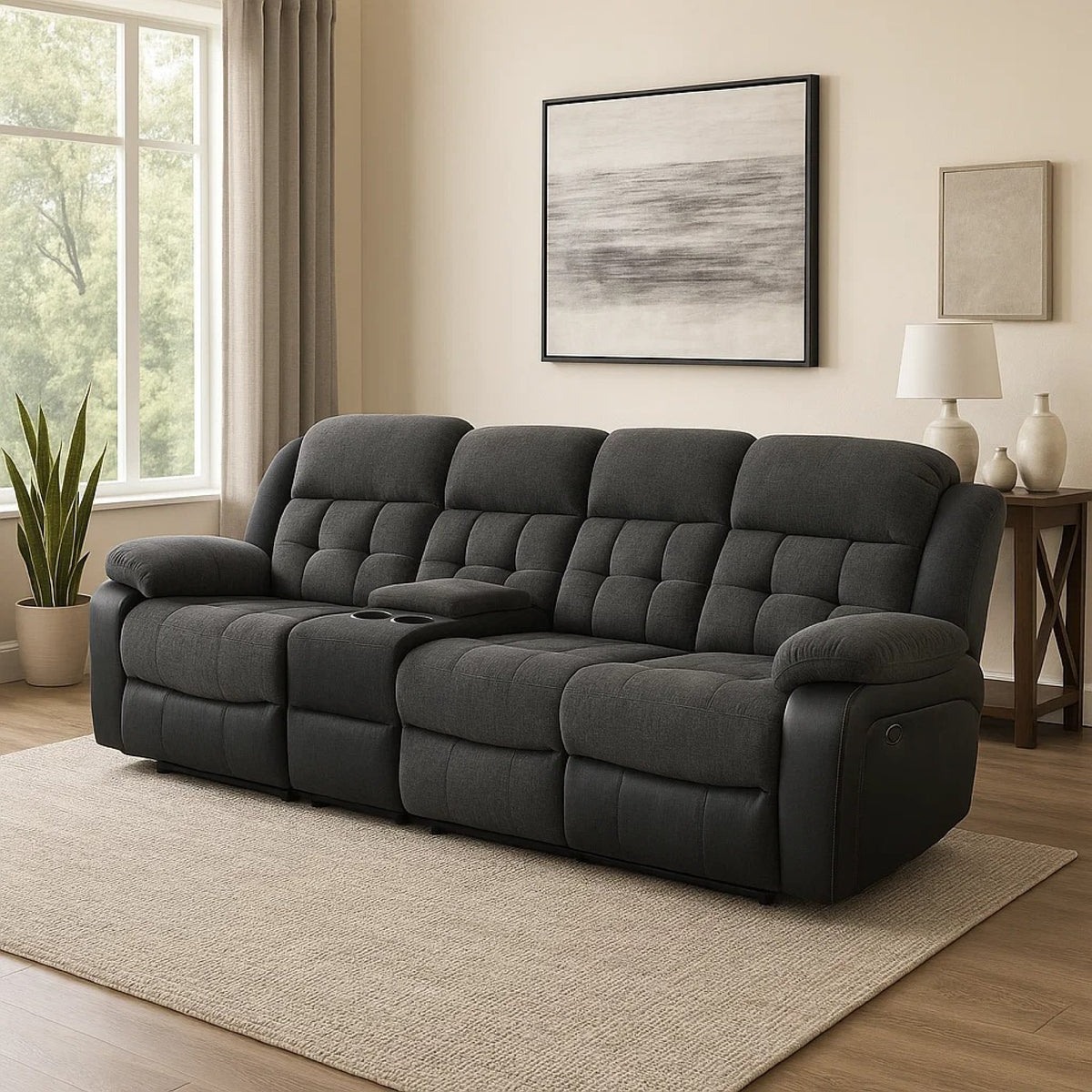 Jak Power Recliner Sofa, 2 Consoles, Cushioned Tufted Seats, Charcoal Gray