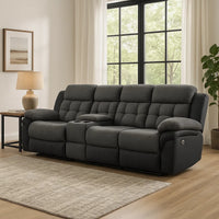 Jak Power Recliner Sofa, 2 Consoles, Cushioned Tufted Seats, Charcoal Gray