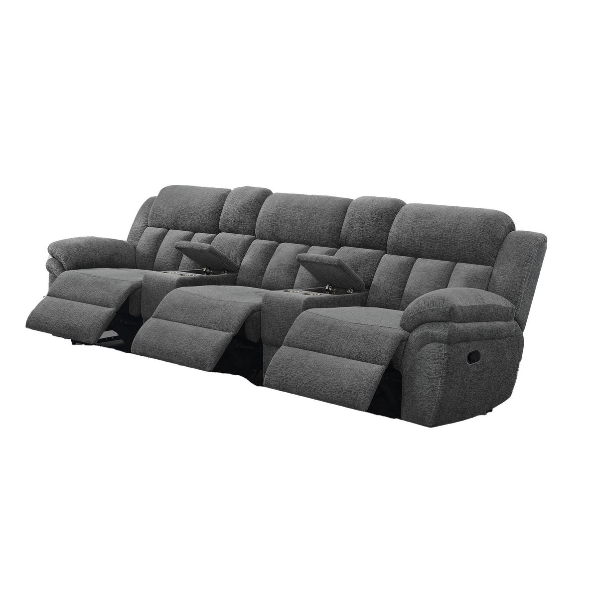 Jak Manual Recliner Sofa, 2 Consoles, Cushioned Tufted Seats, Charcoal Gray
