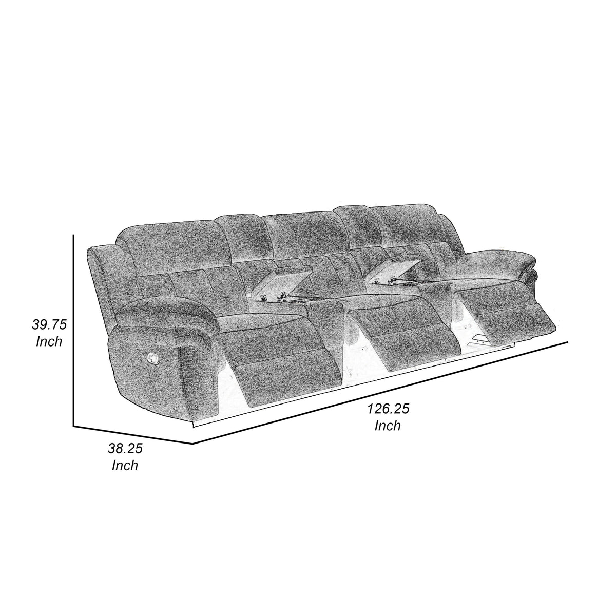 Jak Manual Recliner Sofa, 2 Consoles, Cushioned Tufted Seats, Charcoal Gray
