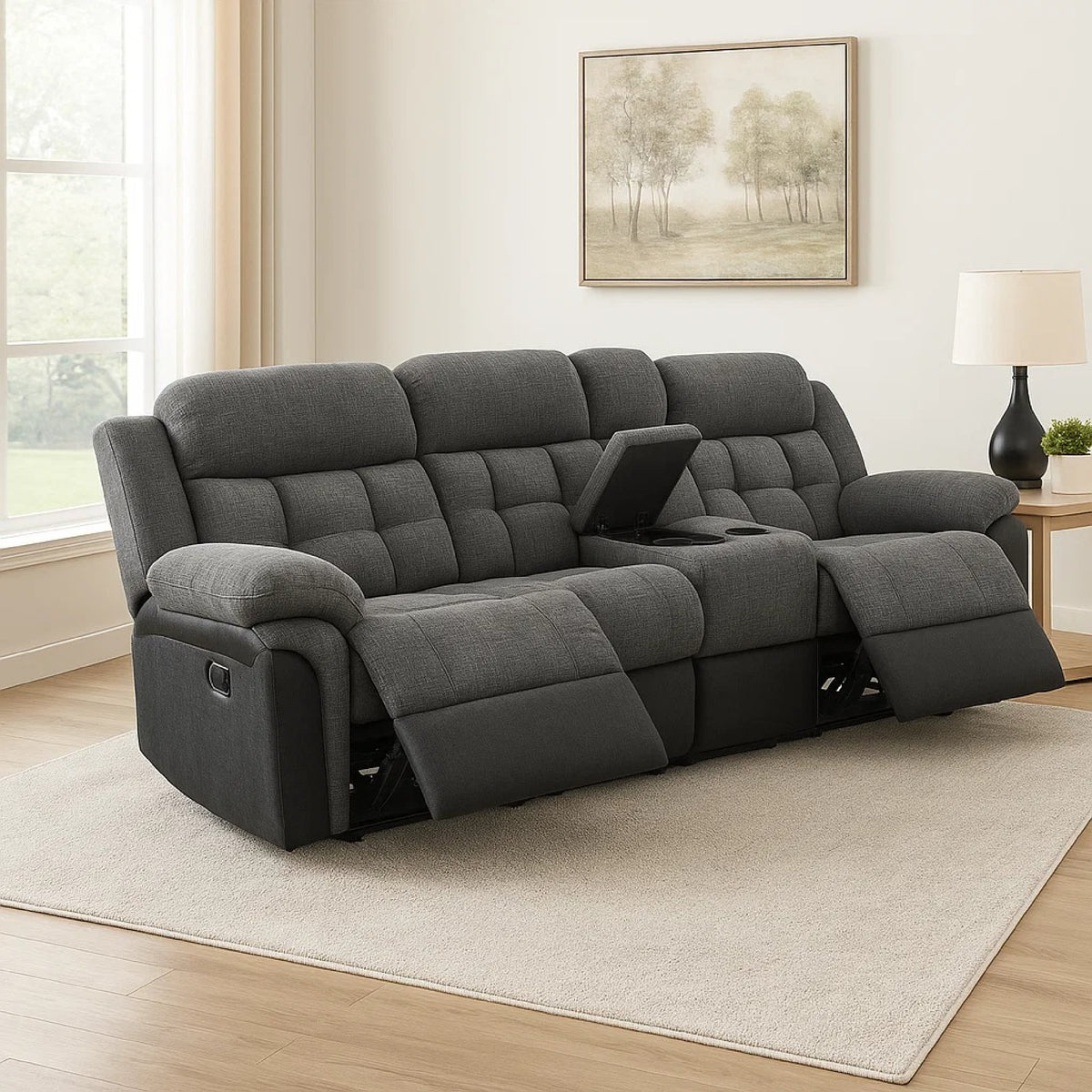 Jak Manual Recliner Sofa, 2 Consoles, Cushioned Tufted Seats, Charcoal Gray
