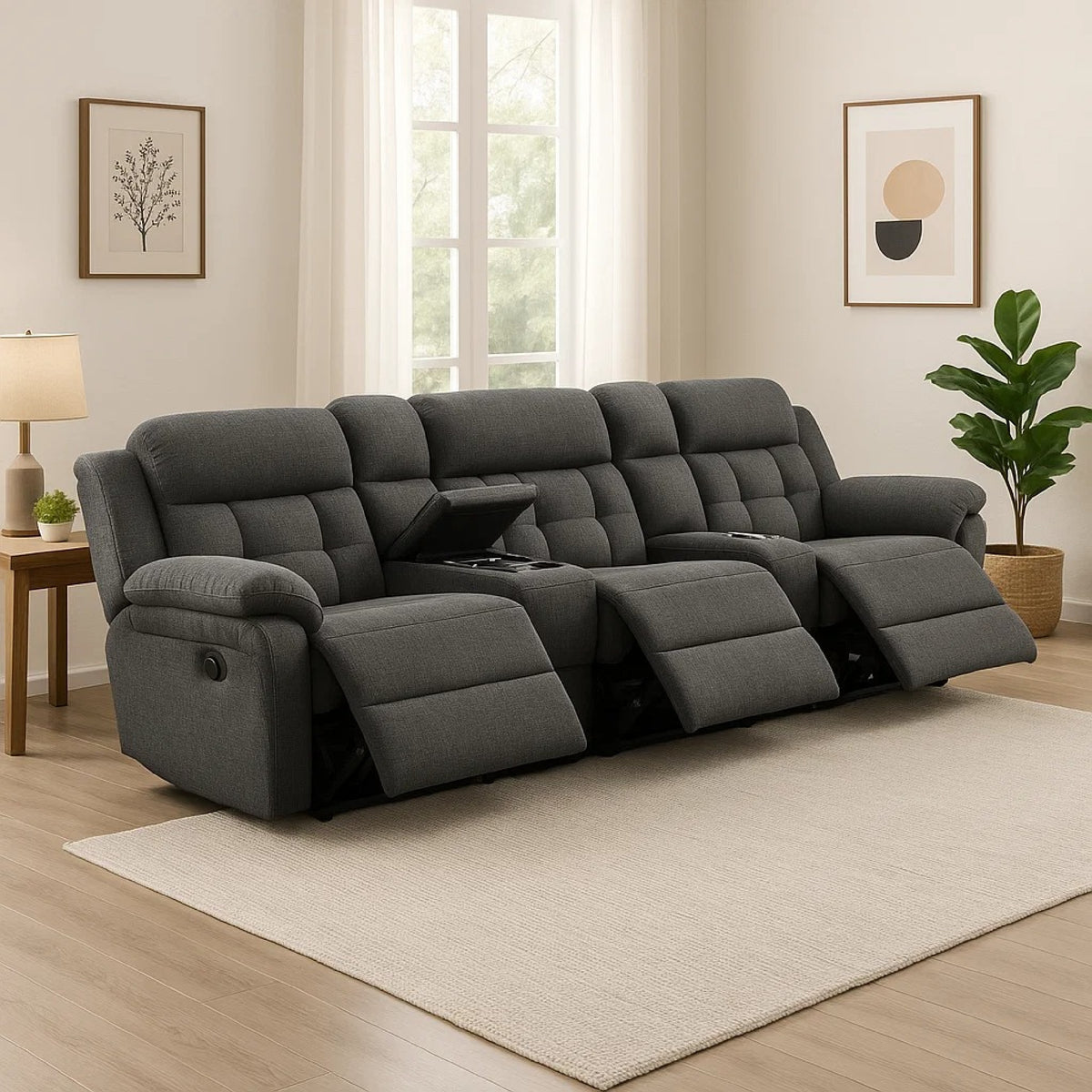 Jak Manual Recliner Sofa, 2 Consoles, Cushioned Tufted Seats, Charcoal Gray