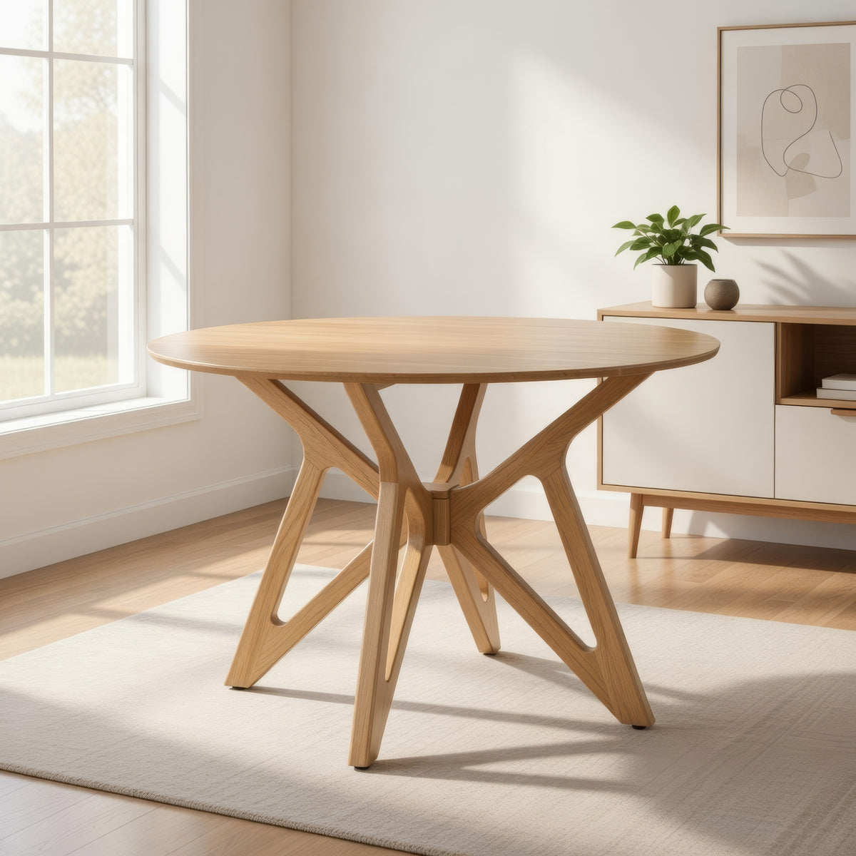 Evans Dining Table, Round Top, Angled Base, Walnut Brown Hardwood, 42 Inch  - BM319025