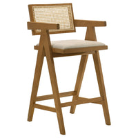 Jane Barstool Chair Set of 2, Sand Beige Rattan, Walnut Brown Solid Wood  - BM319063