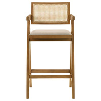 Jane Barstool Chair Set of 2, Sand Beige Rattan, Walnut Brown Solid Wood  - BM319063