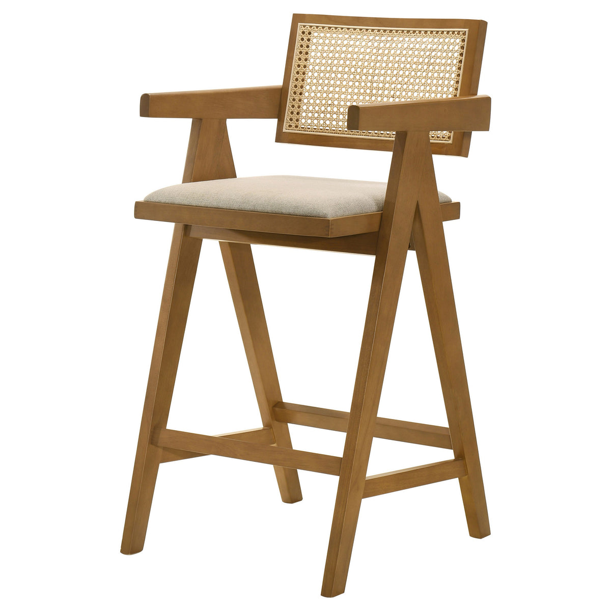 Jane Barstool Chair Set of 2, Sand Beige Rattan, Walnut Brown Solid Wood  - BM319063