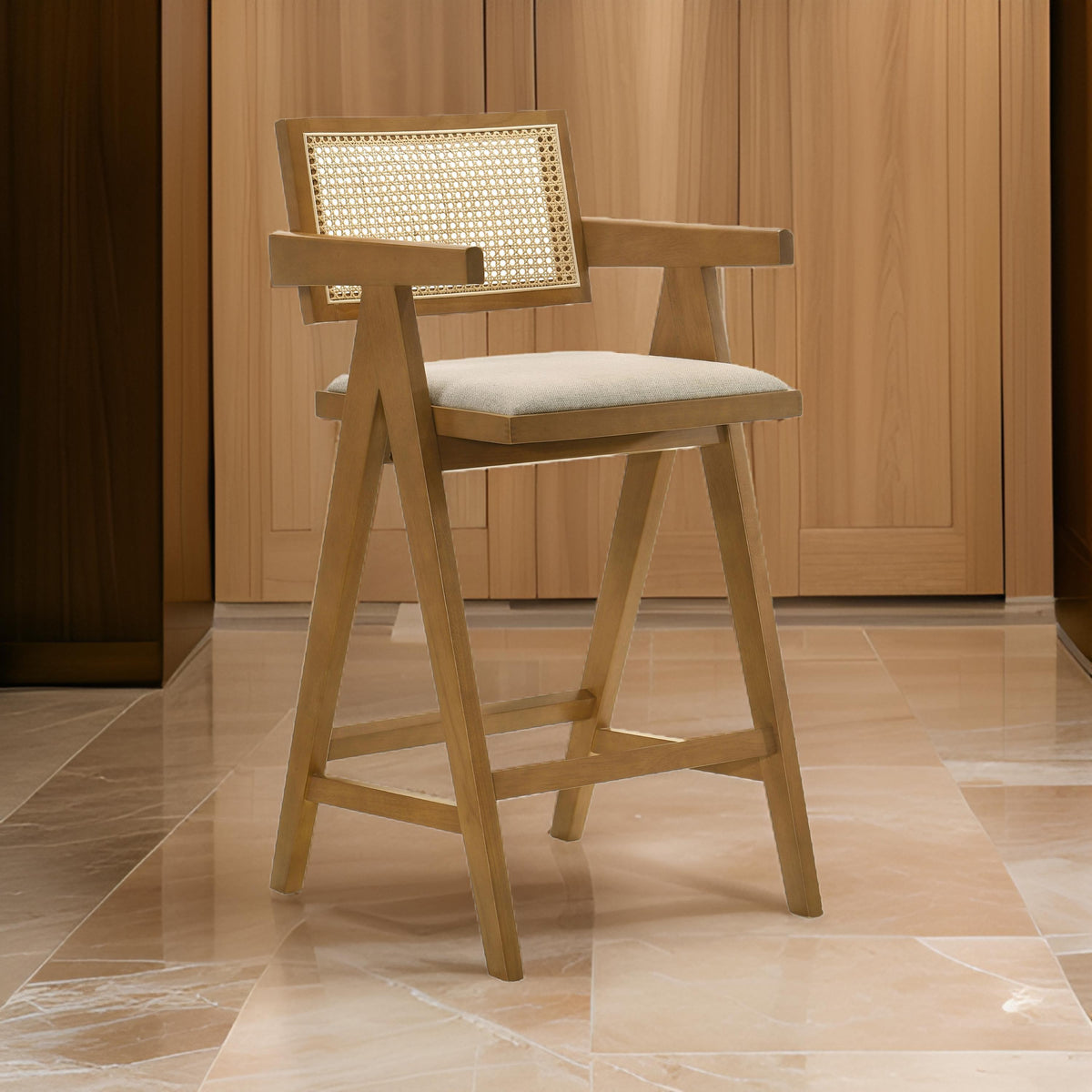 Jane Barstool Chair Set of 2, Sand Beige Rattan, Walnut Brown Solid Wood  - BM319063